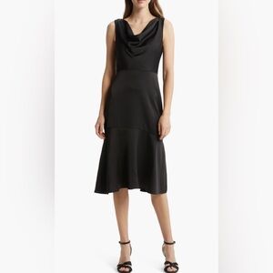 Gently worn Sam Edelman Drape Neck Midi Cocktail Dress in Black